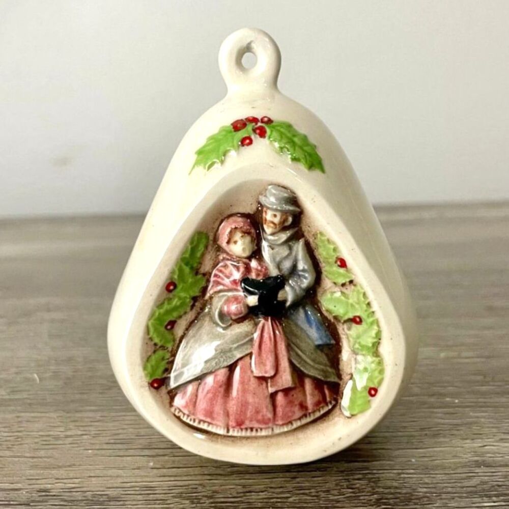 Vintage Ceramic Christmas Bell Ornament Victorian Carolers Holly 3.5"